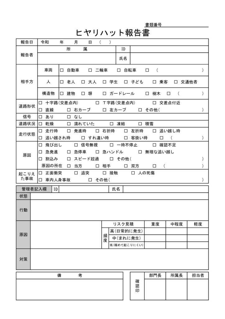 ヒヤリハット報告書 運送業 テンプレート